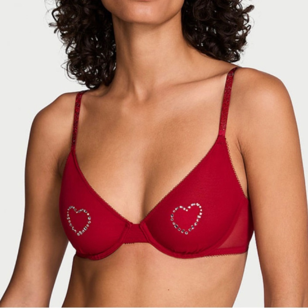 Victoria's Secret Red Underwire Bra with Crystal Heart Accents 34C